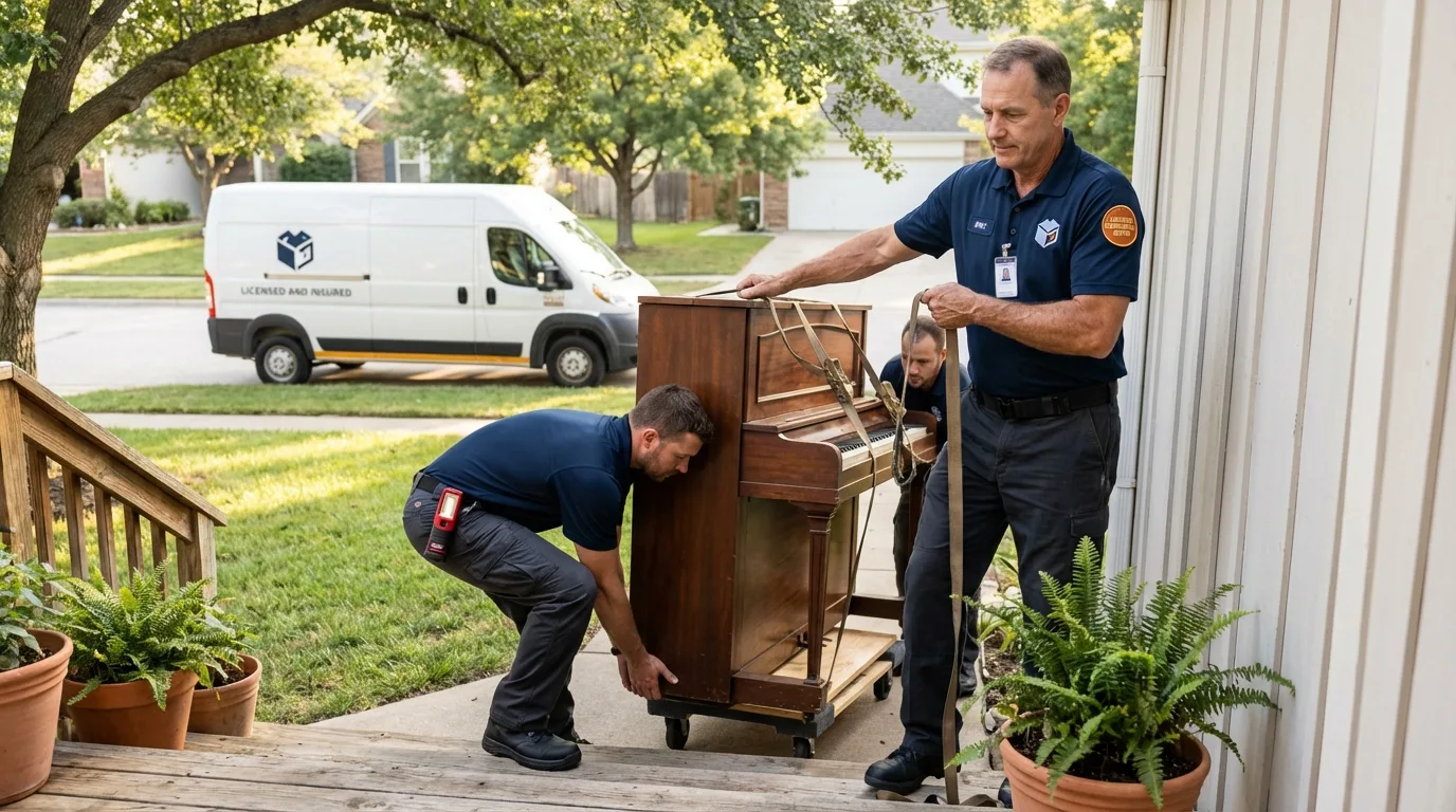 Licensed piano movers securing grand piano in Cape Canaveral, FL