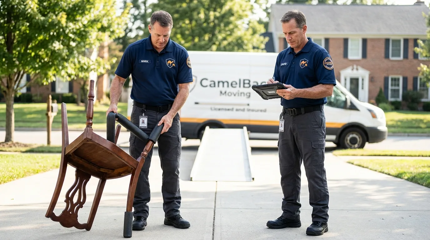 Movers inspecting furniture for damage prevention before loading in Cape Canaveral, FL