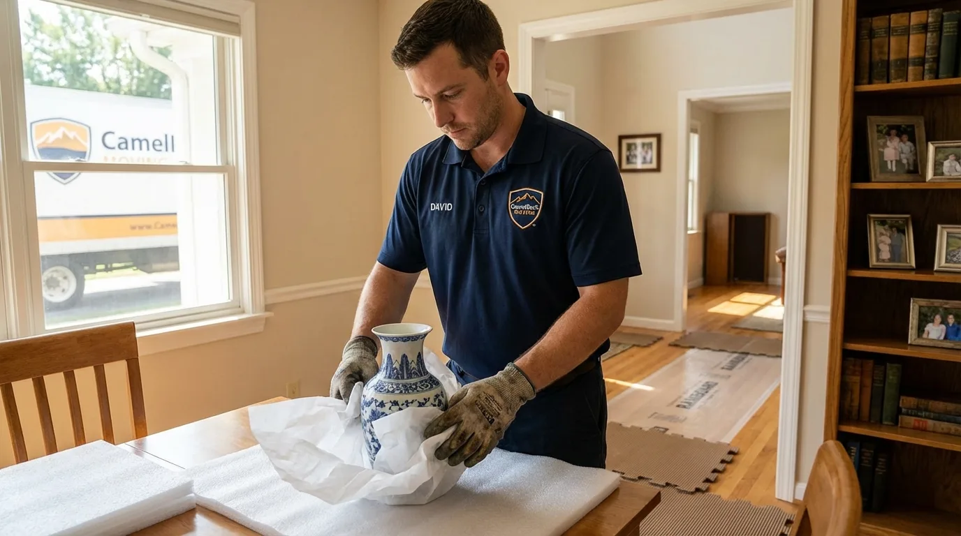 Professional crew carefully wrapping antique vase for senior downsizing move in Cape Canaveral, FL
